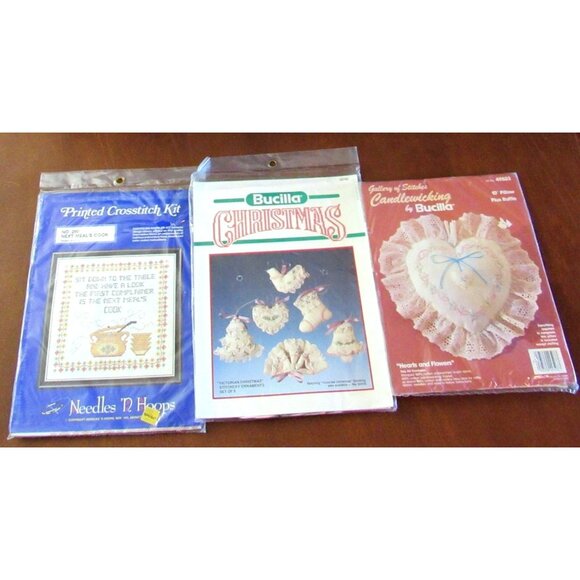 Burcilla and Needles and Hoops Other - Lot of 3 Cross Stitch Kits Next Meals Cook Victorian Christmas And Hearts Flower
